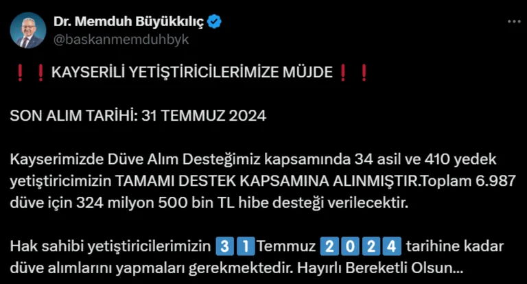 Başkan Büyükkılıç Duyurdu! Hayvan Yetiştiricilerine 324 Milyon TL  Hibe Desteği — haber görseli