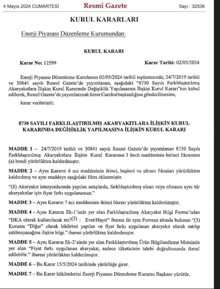 Resmi Gazete'de Yayımlanarak Yürürlüğe Girdi:Motorine ve benzine tek fiyat uygulanacak — haber görseli