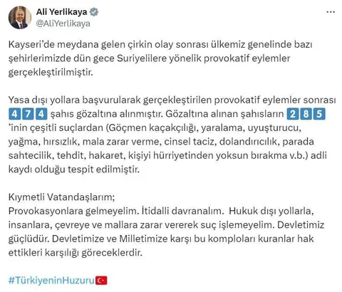Bakan Ali Yerlikaya: “Provokatif eylemler sonrası 474 kişi gözaltına alındı” — haber görseli