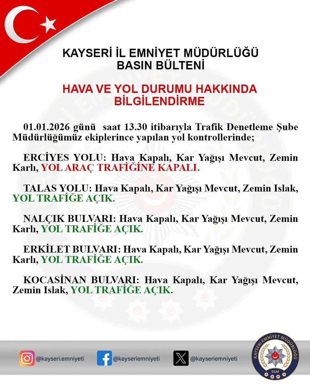 Kayseri’de Kar Alarmı: Erciyes Yolu Ulaşıma Kapatıldı — haber görseli