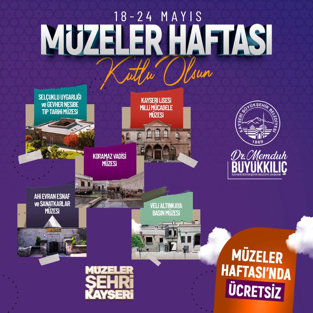 Kayseri Büyükşehir Belediye Başkanı Dr. Memduh Büyükkılıç, 18-24 Mayıs Müzeler Haftası dolayısıyla yaptığı açıklamada, Büyükşehir Belediyesi’ne ait tüm müzelerin bir hafta boyunca ücretsiz olacağını duyurdu.